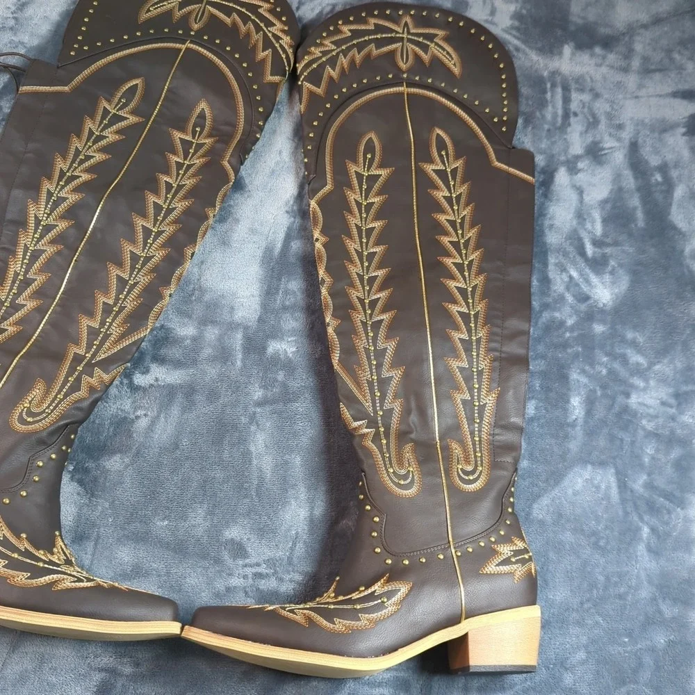 Women Thigh High Over the Knee Boot Size 10 Side Zipper Embroidery Cowgirl Boot
